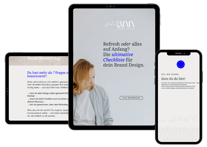 „Refresh oder alles neu? Diese Checkliste gibt dir die ehrliche Antwort.“ Tablet, Handy mit geöffneter Checkliste – Freebie für Personal Branding und Markenentwicklung